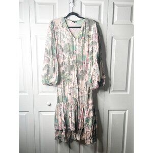 LoboRosa Pink Green Floral Print Puff Sleeve Maxi Dress Women's Size Medium M